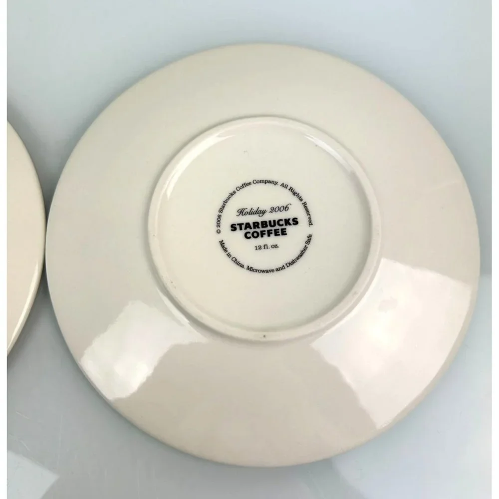 Starbucks 2006 Set of 2 Christmas Saucer Plates, Red Tree, Green Blue Stocking